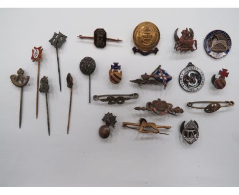 Small Selection of Lapel Badges  consisting gilt and silvered KC 1st 16 ... Gilt and enamel C.LB on stick pin ... Silvered A 