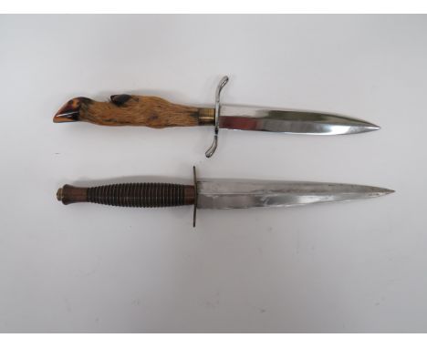 Post War Third Reich Fairbairn &amp; Sykes Commando Knife 7 inch, double edged blade. Brass oval crossguard. Darkened copper 