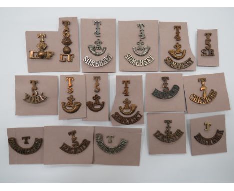 Good Selection of Territorial Infantry Shoulder Titles consisting T5 York ... T5. SR ... T5 Bedford ... T5 Leicester ... T4 L