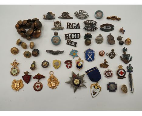 Selection of Titles and Lapel Badges  titles include white metal RE Cheshire ... Brass South Africa 1 Inf ... Brass Notts and
