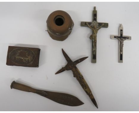 Small Selection of WW1 Trench Art Items  including steel and brass 1914-1918 matchbox cover ... Brass inkwell in the shape of