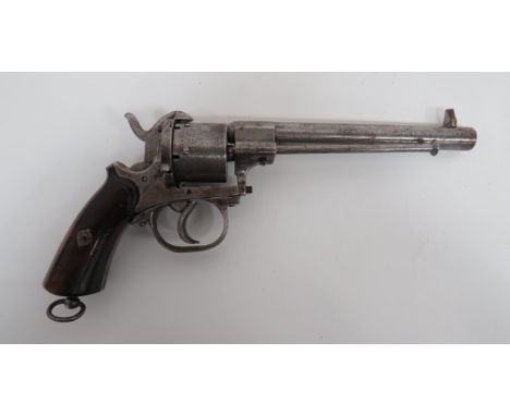 Belgian Military Pattern Pinfire Revolver 9mm PF, 6 1/4 inch barrel. Fitted with side mounted steel clearing rod. Six shot, p
