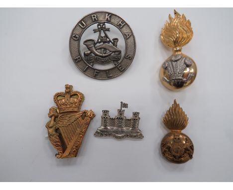 Small Selection of Various Badges  consisting white metal 10th Gurkha Rifles plaid brooch.  Lug fixing ... Plated Inniskillin