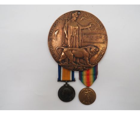 WW1 Army Service Corps Casualty Pair and Plaque  consisting silver War medal and Victory named “M2-221654 Pte R J Fowler ASC”