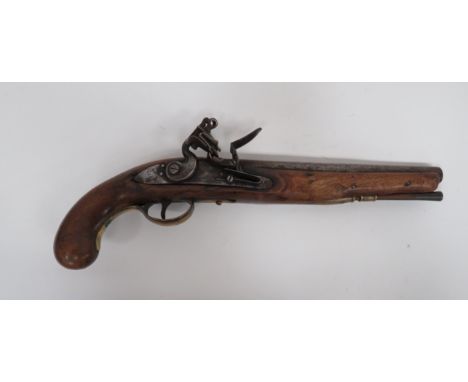 Early 19th Century Light Dragoon Flintlock Pistol 25 bore, 9 1/2 inch barrel. The breech with proof stamps. Steel lock plate 