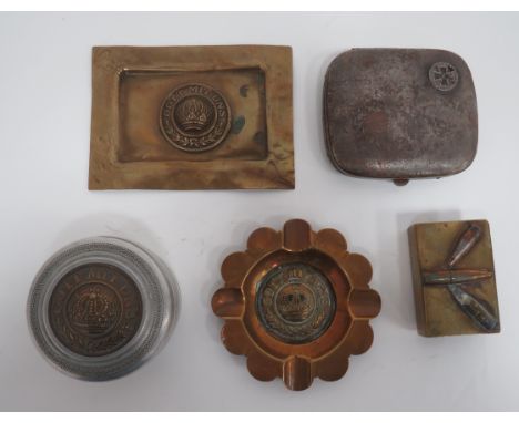 Small Selection of Imperial German Trench Art  consisting brass, rectangular ashtray with central buckle “Gott Mis Uns” ... S