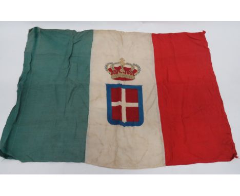 WW2 Italian Forces Tricolour Flag 38 x 27 inches. Printed green, white and red flag with central crowned shield. Some fading.