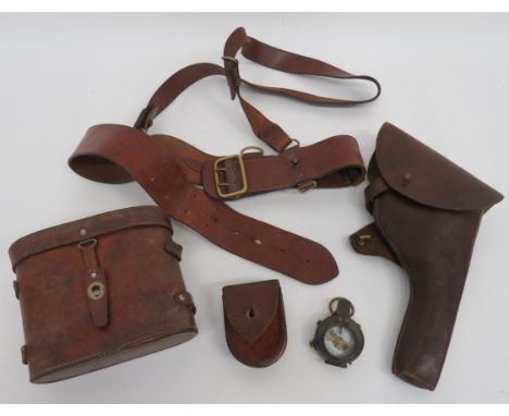 Good Selection of British Officer’s Equipment  consisting brown leather, Sam Browne belt, complete with cross strap ... Leath