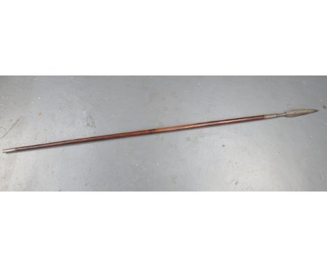 European Silver Floral Decorated Spear  8 inch, double edged head with silver etched and filled, floral decoration which cont