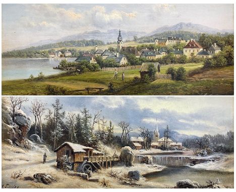 C Ticcino (Italian 19th century): Italian Landscape in Winter and Summer, pair oils on panel signed 14cm x 30cm (2)