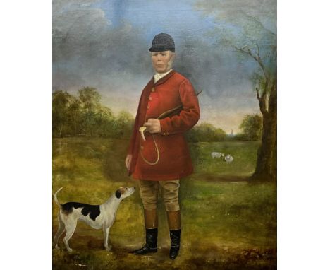 English Naive/Primitive School (19th century): Full Length Portrait of Huntsman in Riding Attire with Foxhound in Open Pastur
