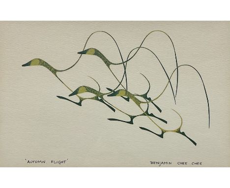 After Benjamin Chee Chee (Canadian 1944-1977): 'Autumn Flight', colour lithograph 14cm x 22cm