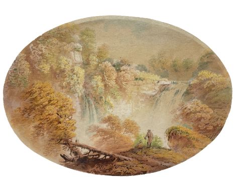 Francis Nicholson (British 1753-1844): 'The Cascade at Gayle - Wensleydale Yorkshire', oval watercolour unsigned, labelled ve