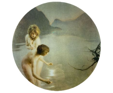 After Paul Chabas (French 1869-1937): 'Lac D'Annecy P�cheuses de Lune', early 20th century circular colour lithograph 28cm x 