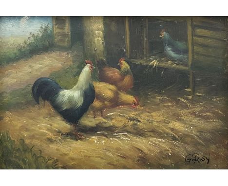 English School (mid 20th century): Feeding the Chickens, oil on panel indistinctly signed, housed in ornate guilt frame 12cm 