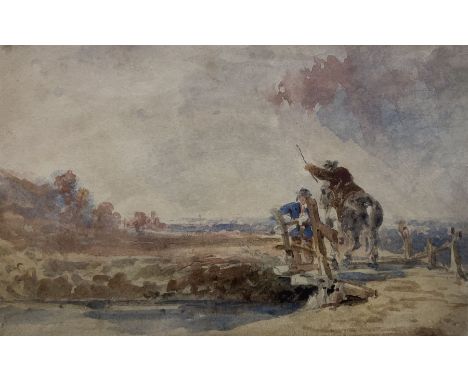 David Cox (British 1783-1859): 'Horseman at a Gate with a Distant View of Harlech Castle', watercolour indistinctly signed, l