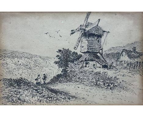 David Cox (British 1783-1859): Windmill by a Lane with Figures, pen and ink sketch unsigned, labelled verso 16cm x 25cmProven