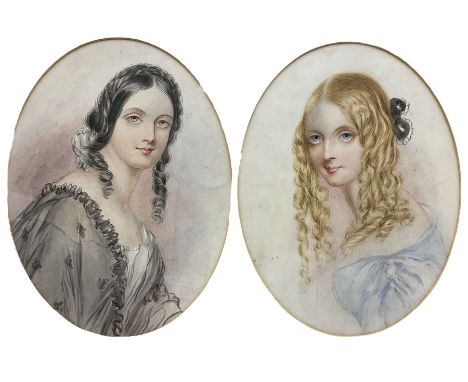English School (mid 19th century): Quarter Length Portrait of 'Camilla' and Victorian Girl - Possibly Sisters, pair oval wate