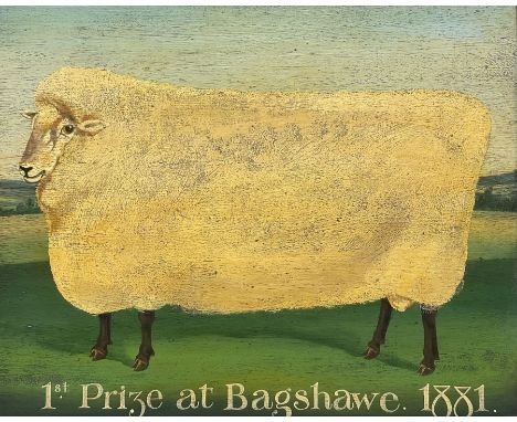 English Naive School (19th century): '1st Prize at Bagshawe 1881' Sheep, oil on panel unsigned 34cm x 43cm