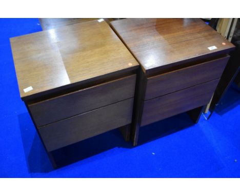A pair of vintage teak bedside drawers , labelled MeredewThese measure 53cm high, 40cm wide, and 35cm deep