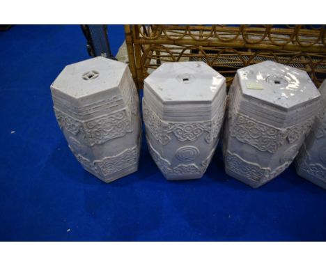 Three Oriental style ceramic garden seats, approx 27 x 45cm