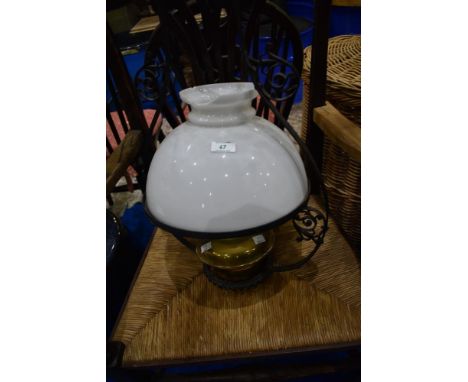 A Victorian oil burning ceiling lamp and fitting (shade a.f.)