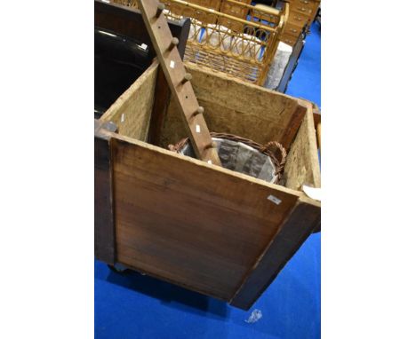 A vintage grain bin or similar , approx 75 x 61 x 82cm mounted on castors, also includes contests including treen coat rail a