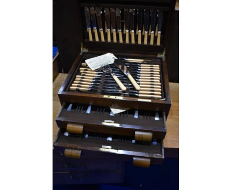 A vintage oak cased canteen containing EPNS and stainless steel cutlery, in 'Flex-Fit' racks , dimensions approx. 45 x 37 x 2