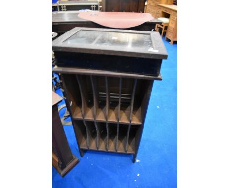 A vintage mahogany 'pigeon hole' style letter or LP rack and a small oak display cabinet