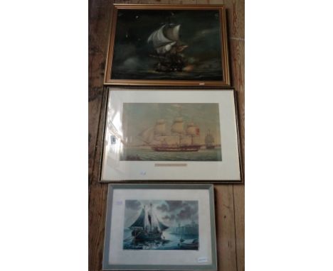 F. T. L. Boulanger, a French man 'o' war at night, oil on canvas, together with two prints, each of sailing vessels.