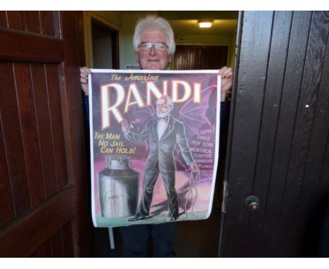 The Amazing Randi, a reproduction magic poster, hand signed by the magician, the original after Jayson (87cm x 63cm) unframed
