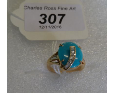 A turquoise and diamond dress ring, the oval turquoise with applied band of baguette diamonds over stone and graduated baguet