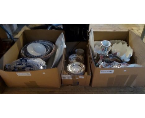 Three boxes containing a large quantity of ceramics, to include: two Chinese vases, Indian Tree pattern bowls, Continental ca