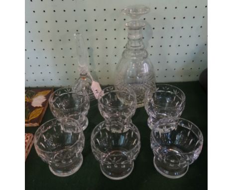 A Waterford crystal glass decanter, together with a crystal glass bell and a set of six cut glass tumblers.