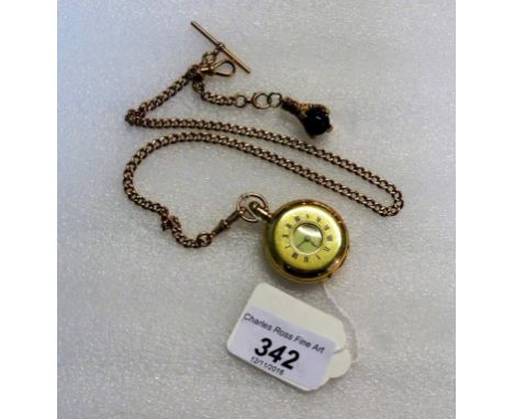A lady's 18 carat gold cased half hunter fob watch on a 9 carat gold Albert with claw mount, the enamel watch dial signed Fat