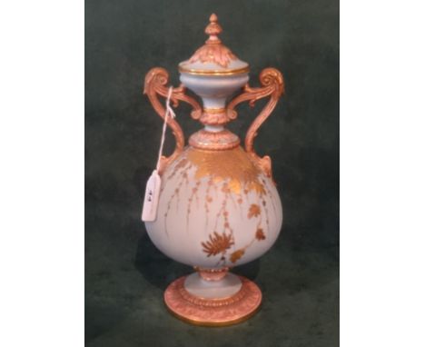 A Grainger & Company Royal China Works, Worcester, twin handled pedestal jar and cover, having applied gilt foliate decoratio