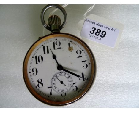 A Goliath nickel plated pocket watch, the enamel dial bearing Arabic numerals with subsidiary seconds dial at 6 o'clock.