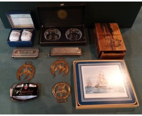 A mixed lot to include: a boxed set of Webb Corbett hand cut crystal dishes, a boxed pair of Royal Worcester egg coddlers, tw