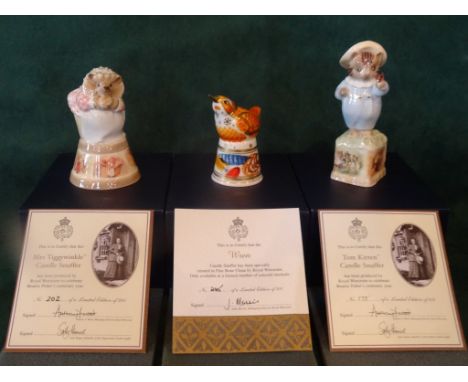 Three limited edition Royal Worcester candle snuffers, to include: Tom Kitten, Mrs Tiggywinkle and Wren, each in original box