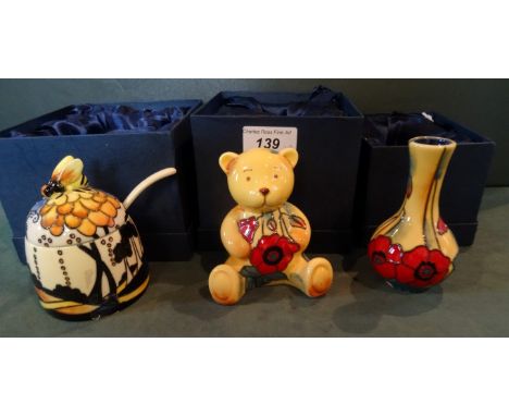 Three items of boxed Old Tupton Ware ceramics, to include: a honey pot and spoon (TW7030), an ornamental teddy bear (TW5911),