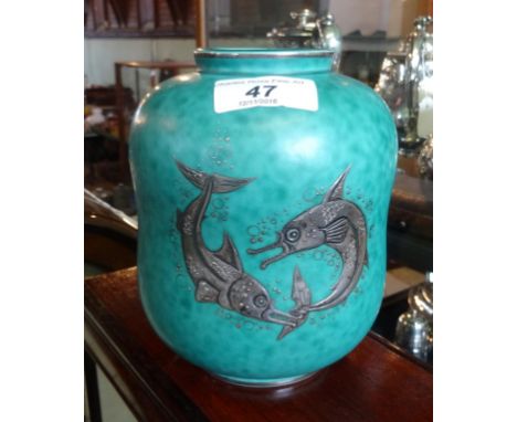 A mid-20th century Swedish ceramic vase by Gustavsbrg, of slight waisted form, having silvered decoration of stylized fish on