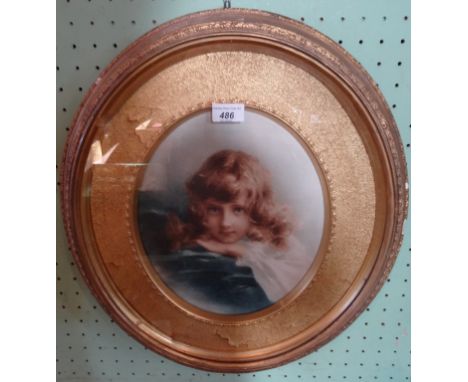 A 19th century oval portrait of a young girl, possibly an over-painted print (32cm x 24cm) glazed in a gilt frame.
