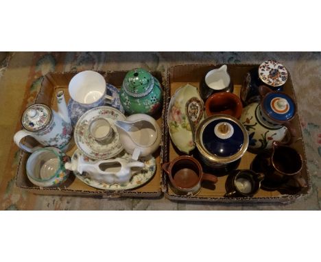 Two boxes of assorted ceramics, to include: a Royal Crown Derby Wilmot pattern cup and saucer, Torquay Ware Pottery teawares,