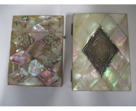 Two late 19th/early 20th century mother of pearl card cases, each with diamond shaped panels, one with a hinged lid, 4" x 3" 