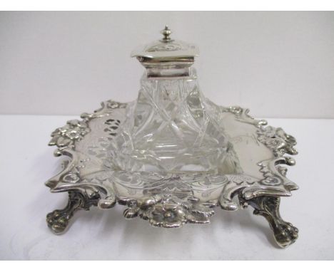 A Victorian silver and cut glass ink well with stand, H Wilkinson &amp; Co, Sheffield 1860. The square section base with flor