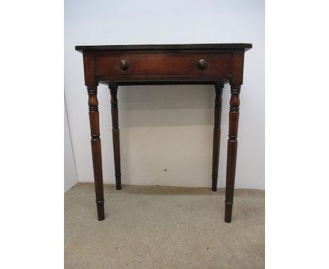 A Victorian mahogany side table with a drawer, on ring turned, tapered legs, 25 1/2"h, 23 1/2"w, 13 1/2"d 