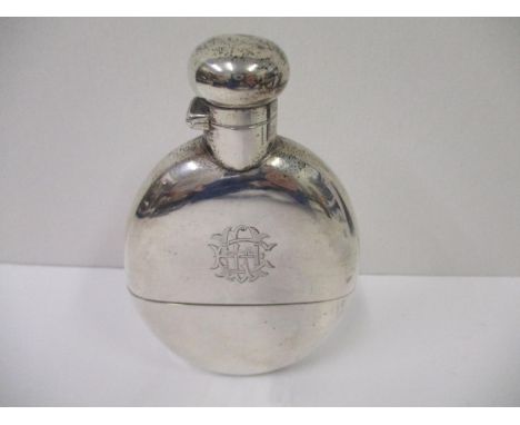 A Victorian silver monogrammed hip flask by Deakin &amp; Francis Ltd, Birmingham 1887 of oval form with pull off cup base and