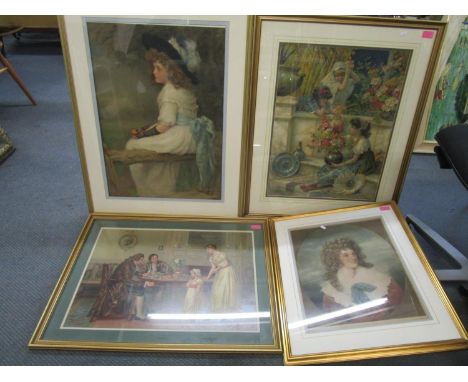 A group of framed and glazed prints to include three Pears prints, and an E Stodart coloured portrait print, signed in pencil