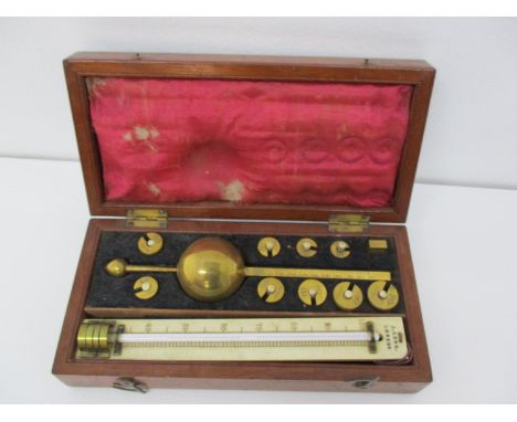 A Sikes hydrometer with brass weights and an ivory thermometer, stamped J Long, London, in an inlaid mahogany case with an iv