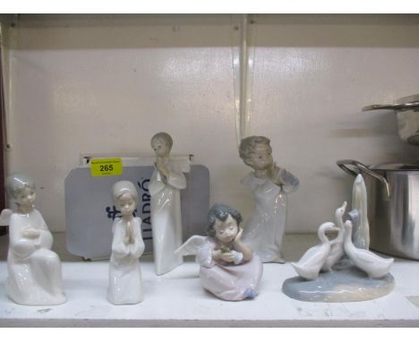 A selection of small Portuguese figures to include Lladro and Nao, together with a Nao model of geese, two further Nao figure